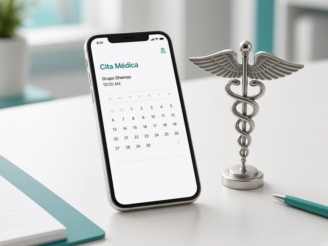 Agenda de turnos en el teléfono junto a un emblema médico