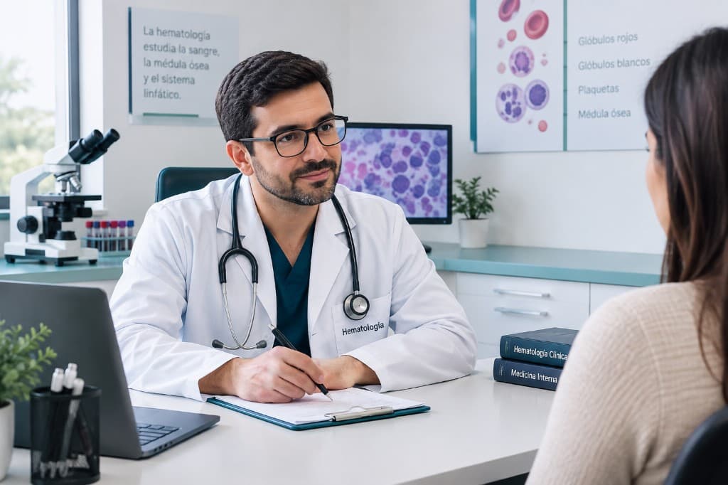 Consulta hematológica: médico especialista atendiendo a una paciente en consultorio